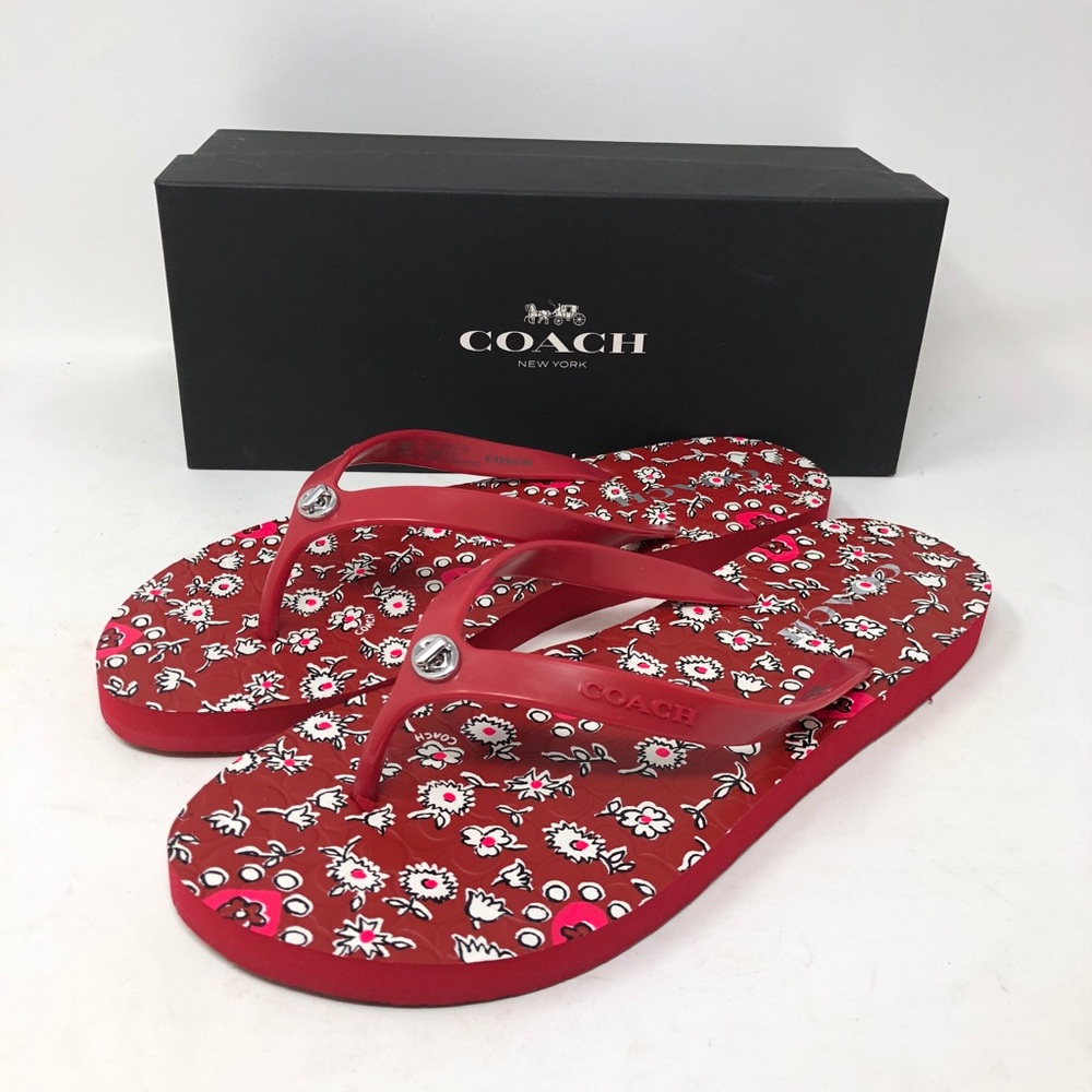 Coach Abbigail Flip Flops Sandals Red Floral 9 - Picture 1 of 8